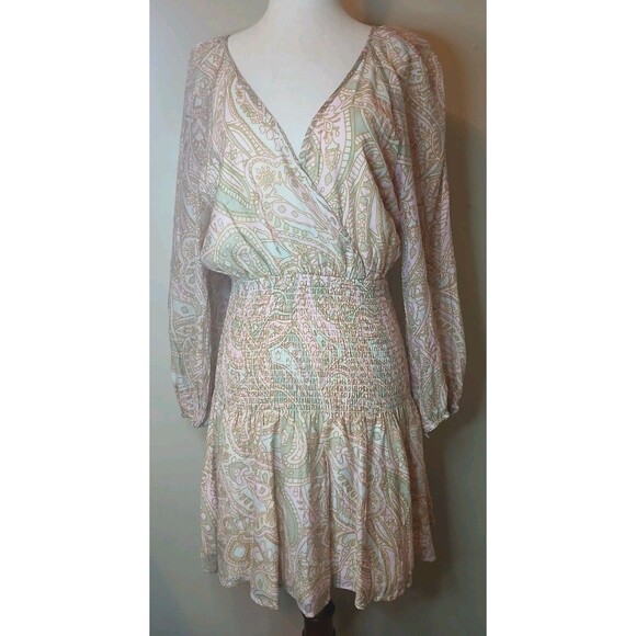 MINKPINK Sz M Catalina Mini Dress. Multicolor Pink Paisley Smocked Waist NWT - Picture 2 of 16